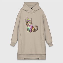 Женская толстовка-платье Праздничный котик в колпаке единорога