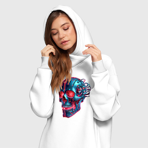 Женская толстовка-платье Metal cyber skull - ai art / Белый – фото 3