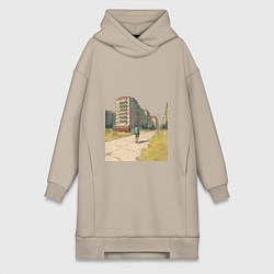 Женское худи-платье Мальчик на улице хрущевок ретро 1970-е, цвет: миндальный