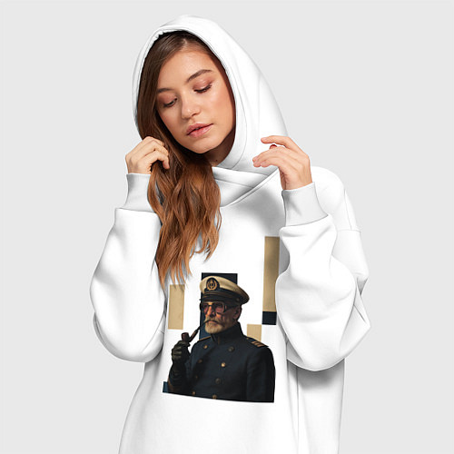 Женская толстовка-платье Мужчина капитан с трубкой поп-арт ретро 1970-е / Белый – фото 3