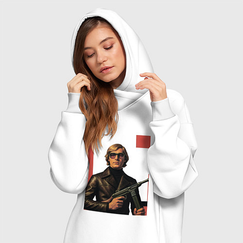 Женская толстовка-платье Мужчина с автоматом ретрофутуризм поп-арт 1970-е / Белый – фото 3