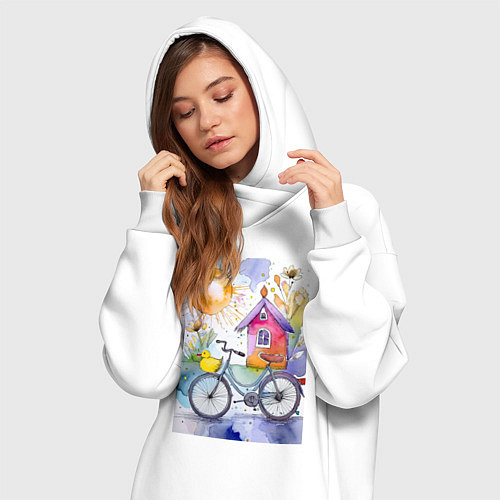 Женская толстовка-платье Утенок на велосипеде - акварель / Белый – фото 3