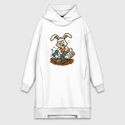 Женское худи-платье Заяц яростно сажает грядки, цвет: белый