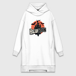 Женское худи-платье Логотип halloween с замком и летучими мышами, цвет: белый