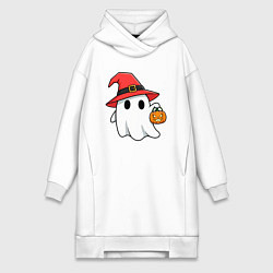 Женское худи-платье Призрак в красной шляпе, цвет: белый
