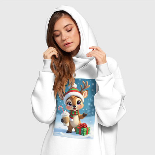 Женская толстовка-платье Милый мультяшный олень / Белый – фото 3
