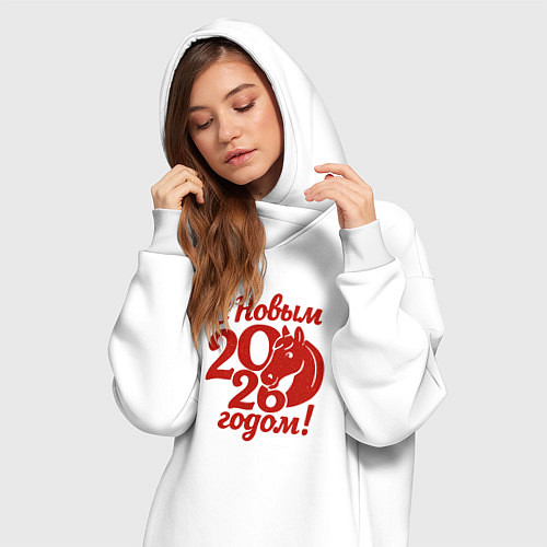 Женская толстовка-платье С новым 2026 годом - красная лошадка / Белый – фото 3