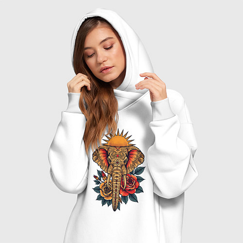 Женская толстовка-платье Слон на фоне солнца с розами в стиле тату / Белый – фото 3