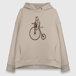 Толстовка оверсайз женская Винтажный кот на велосипеде, цвет: миндальный
