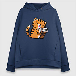 Толстовка оверсайз женская Тигренок и кофе, цвет: тёмно-синий