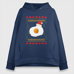 Толстовка оверсайз женская Рождественский свитер Кот-яичница, цвет: тёмно-синий