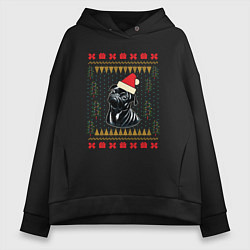 Толстовка оверсайз женская Рождественский свитер Черный мопс, цвет: черный
