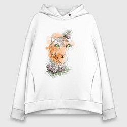 Толстовка оверсайз женская Акварельный тигр в сосновых веточках, цвет: белый