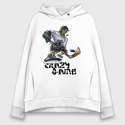 Толстовка оверсайз женская Сумасшедшая игра Хоккей, цвет: белый