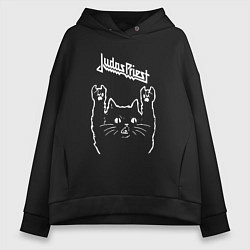 Толстовка оверсайз женская Judas Priest Рок кот, цвет: черный