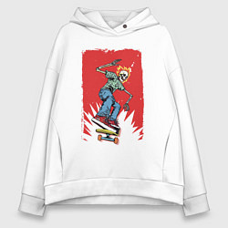 Толстовка оверсайз женская Fire skull Skateboarding man on a red background E, цвет: белый