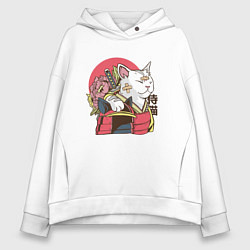 Толстовка оверсайз женская Котик Самурай Samurai Cat Japanese art, цвет: белый