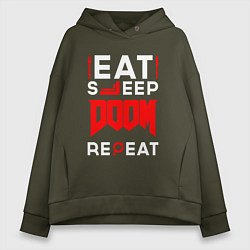 Толстовка оверсайз женская Надпись Eat Sleep Doom Repeat, цвет: хаки