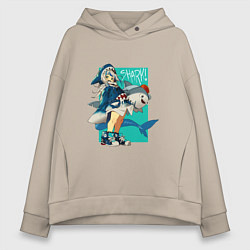 Толстовка оверсайз женская Гавр Гура с акулой, цвет: миндальный