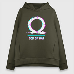 Толстовка оверсайз женская God of War в стиле glitch и баги графики, цвет: хаки