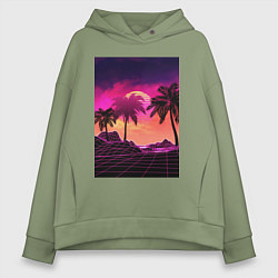 Толстовка оверсайз женская Пальмы и пляж в розовом закате, цвет: авокадо
