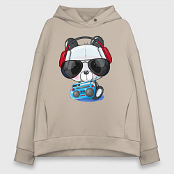 Толстовка оверсайз женская Прикольный маленький панда в очках с магнитолой, цвет: миндальный
