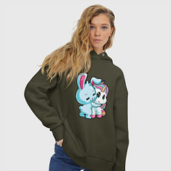 Толстовка оверсайз женская Кролик и единорог, цвет: хаки — фото 2