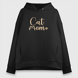 Толстовка оверсайз женская Cat mom кошатница, цвет: черный