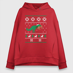 Толстовка оверсайз женская Новогодний тирекс - ugly sweater, цвет: красный