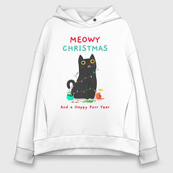 Толстовка оверсайз женская Meowy Christmas and a happy purr year, цвет: белый