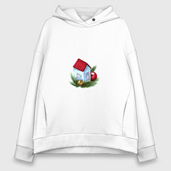 Толстовка оверсайз женская Новогодний домик на еловых ветках, цвет: белый