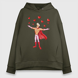Толстовка оверсайз женская Супергерой Любовник с сердцами, цвет: хаки