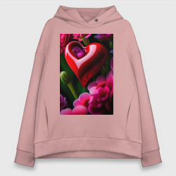 Толстовка оверсайз женская Сердце с цветами, цвет: пыльно-розовый
