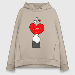 Толстовка оверсайз женская Лапка котика с валентинкой, цвет: миндальный