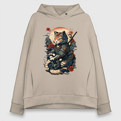 Толстовка оверсайз женская Самурай кот, цвет: миндальный