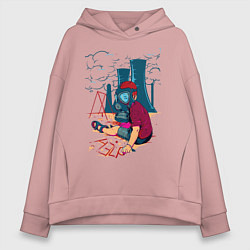 Толстовка оверсайз женская Мальчик в противогазе на детской площадке, цвет: пыльно-розовый