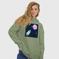 Толстовка оверсайз женская Космос, ракета летит к планете, цвет: авокадо — фото 2