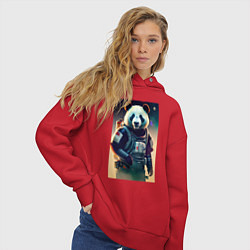 Толстовка оверсайз женская Крутой панда - киберпанк, цвет: красный — фото 2