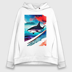 Толстовка оверсайз женская Shark - watercolor - art, цвет: белый