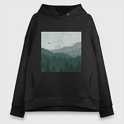 Толстовка оверсайз женская Туманные холмы и лес, цвет: черный
