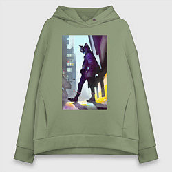 Толстовка оверсайз женская Чёрный котяра на своём районе - Бронкс, цвет: авокадо