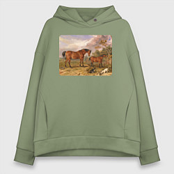 Толстовка оверсайз женская Две лошади и две собаки, цвет: авокадо