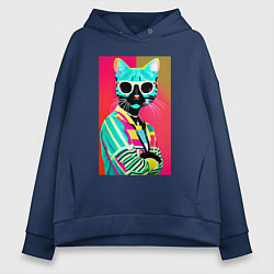 Толстовка оверсайз женская Cat in sunglasses - pop art, цвет: тёмно-синий