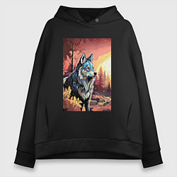 Толстовка оверсайз женская Волк в осеннем лесу, цвет: черный