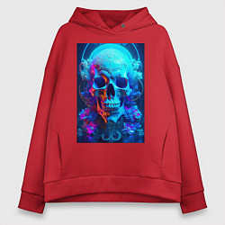 Толстовка оверсайз женская Череп в цветах и неоновом цвете - нейросеть, цвет: красный