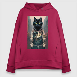 Толстовка оверсайз женская Уличный котяра в модном прикиде, цвет: маджента