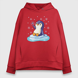 Толстовка оверсайз женская Пингвин на льдине, цвет: красный