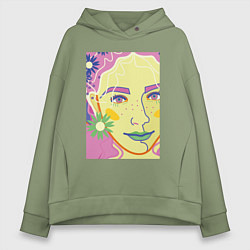 Толстовка оверсайз женская Женский портрет с полевыми цветами, цвет: авокадо