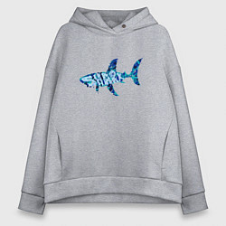 Толстовка оверсайз женская Акула из мозаики цвета моря с надписью shark, цвет: меланж