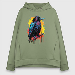 Толстовка оверсайз женская Яркий ворон - красочная птица, цвет: авокадо